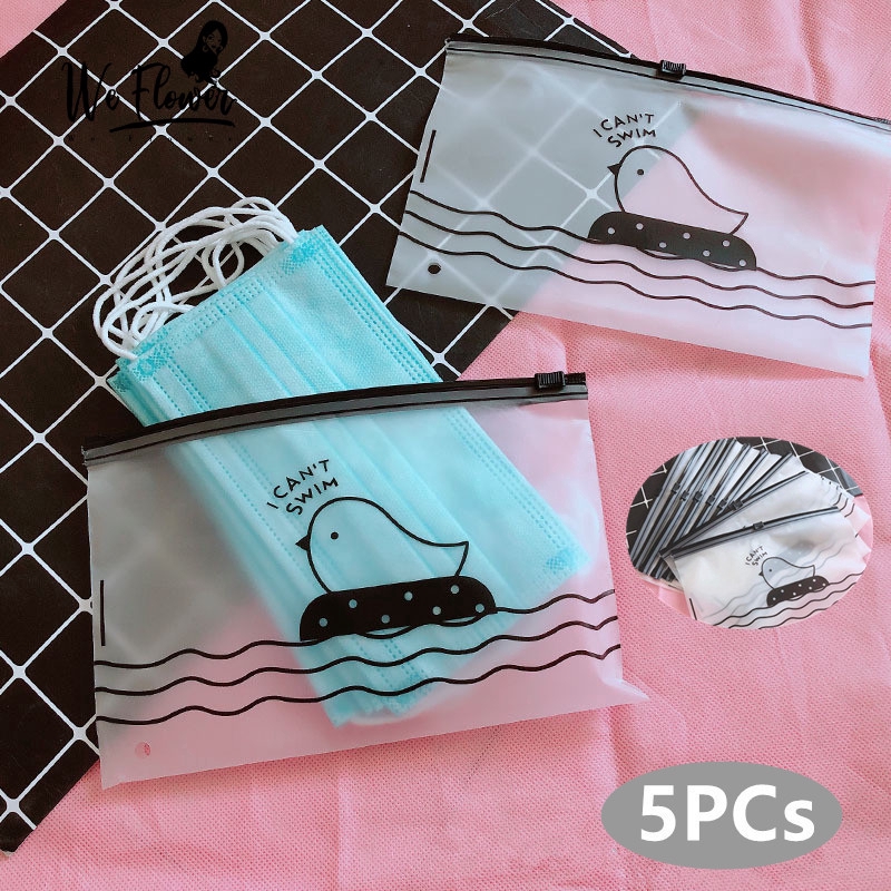 (we) 5pcs/set Tas Pouch Model Resleting Desain Anak Ayam Ukuran 20x13.5cm Anti Debu Untuk Masker