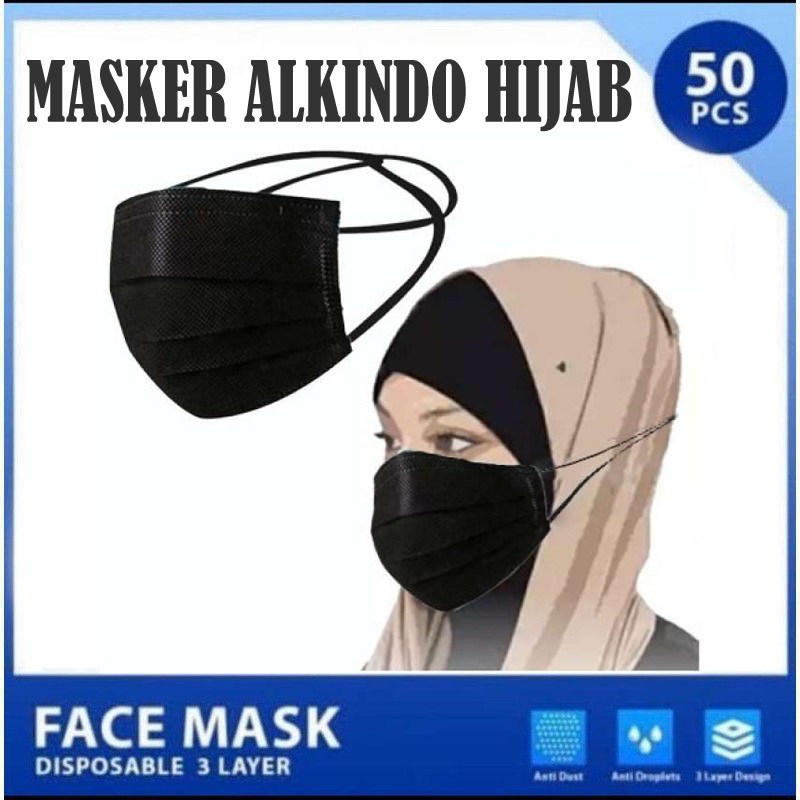 Masker Hijab Alkindo 1 Box isi 50pcs 3ply Headloop Mask Disposable Masker Mulut Daily Mask