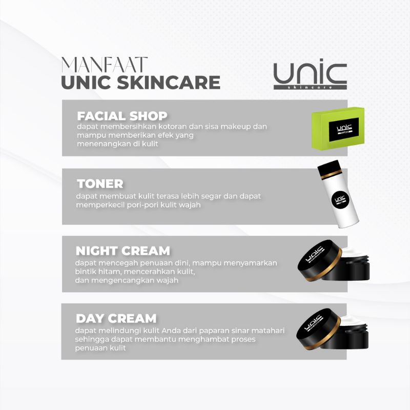 Unic Skincare BPOM All in One Original Cream Perawatan Wajah Glowing Cream Pencerah Pemutih Pelicin Wajah Day Cream Night Cream Toner Facial Wash Pencerah Wajah Kusam Pemutih Wajah Terbaik