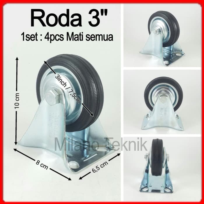 Roda Troli 3&quot; 1set(4pcs Mati) Roda karet 3inchi 3 inch etalase