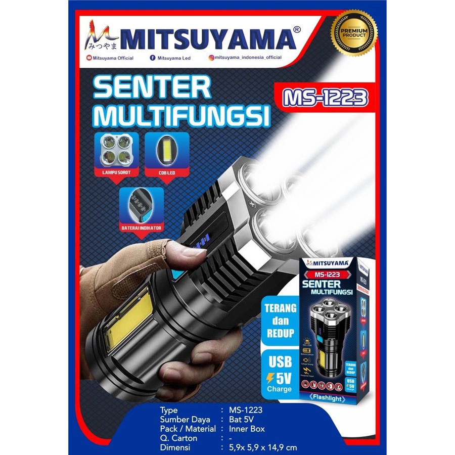 Senter Multifungsi Mitsuyama MS-1223 Super Terang COB USB Charger Original