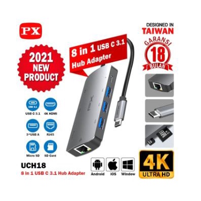 Type-c to Hdtv Lan rj45 Tf sd card PD usb-A 3.0 hub converter px 8in1 100w 5Gbps 4k UHD gigabit for laptop macbook phone uch-18 uch18