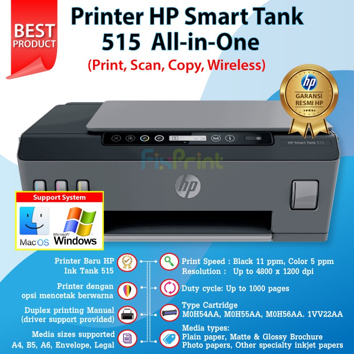 Printer HP Smart Tank 515 Wireless Print Scan Copy All in One