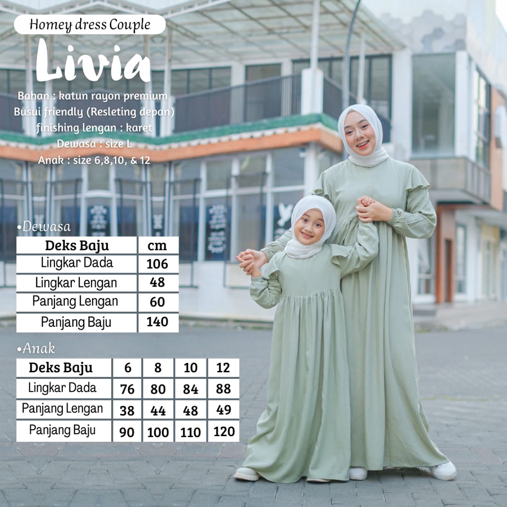 Homey Dress LIVIA Premium/Gamis Couple Mom &amp; Kids/Dress Rayon/Bahan Katun Rayon Premium/Gamis Busui Resleting Depan/Dress Tali Samping