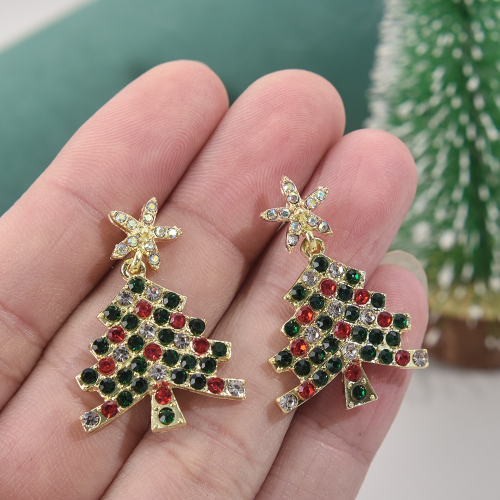 1 Pasang Anting Liontin Pohon Natal Bahan Zirkon Kristal Warna-Warni Untuk Wanita