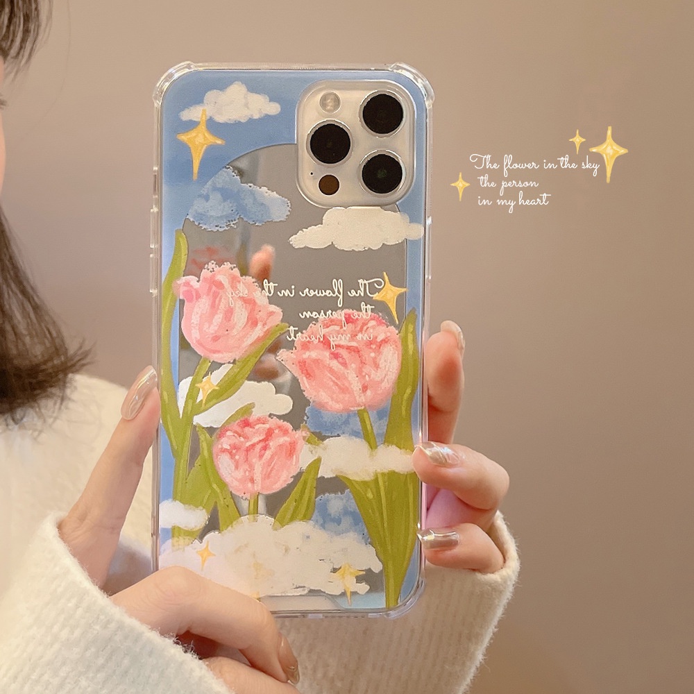 IPHONE Ins Phone Cover Blooming Tulip Mirror Case Untuk Iphone7 8 PLUS X XR XS 11 12 13 14 MINI PRO MAX SE 2020 Pelindung Tahan Guncangan