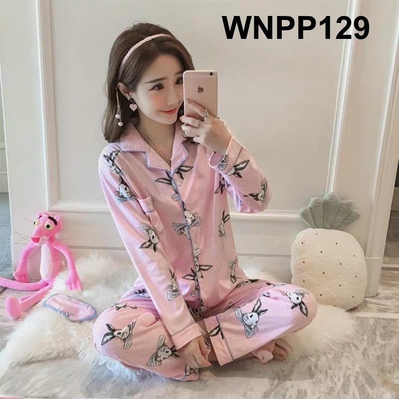 Piyama Wanita Baju Tidur Wanita Kancing Depan Rabbit Tie Salur