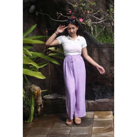 Kulot Motif Bali Rayon Premium-Kulot Kotak Ungu