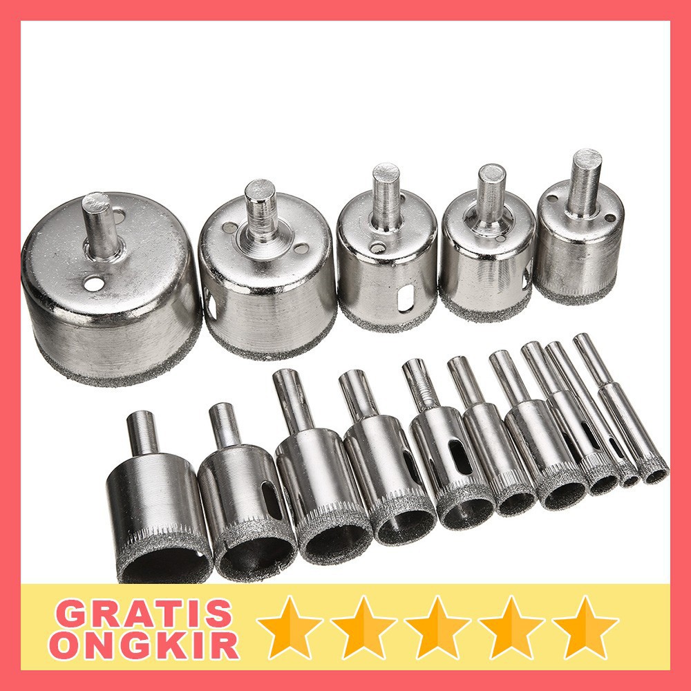 SH8-2 Set isi 16 / 15 / 10 Pcs Mata bor Keramik Kaca Marmer Bulat 1  Lubang Diamond Granit Besi Baja 8mm Sampai 50mm / Set MataBor Kaca Holesaw Hole Saw Keramik Granit Marmer Batu Porselen Permata Hss Pelubang Ceramic Original Asli