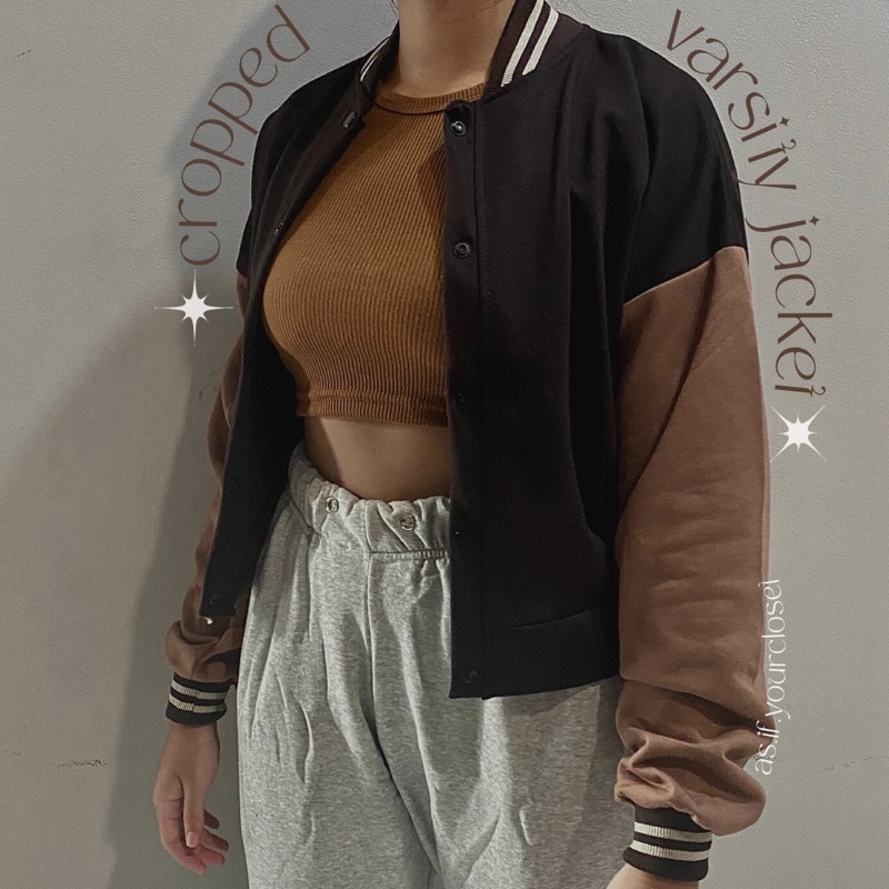 AS IF Cropped Varsity Jacket / brown crop oversized aesthetic pinterest y2k streetwear jaket wanita 
