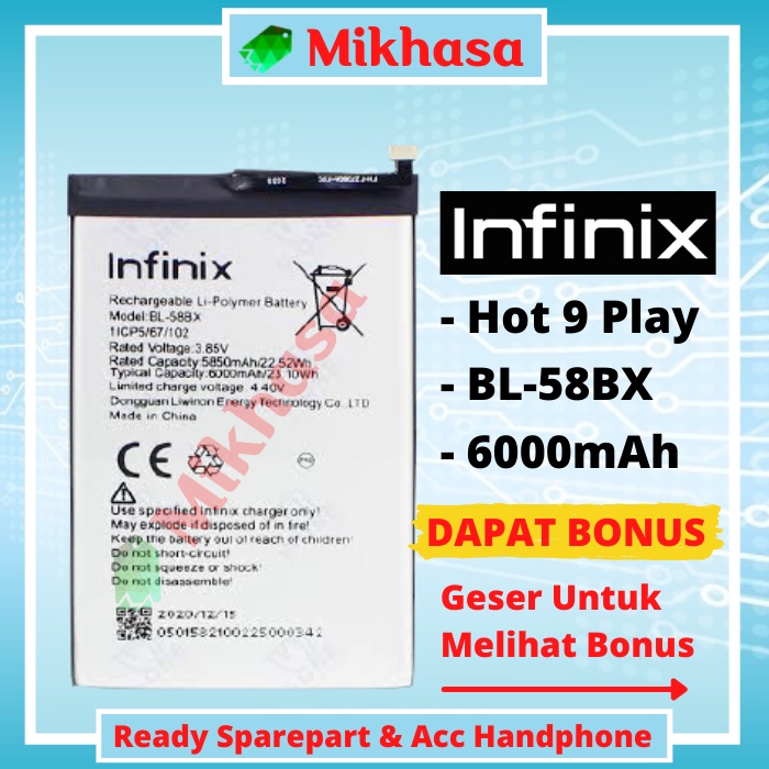 Batre Batrei Baterai Battery Infinix Hot 9 Play X680 X680 BL-58BX Battre Ori Original 100% Handphone Infinix 9 Play Mikhasa Sparepart Store