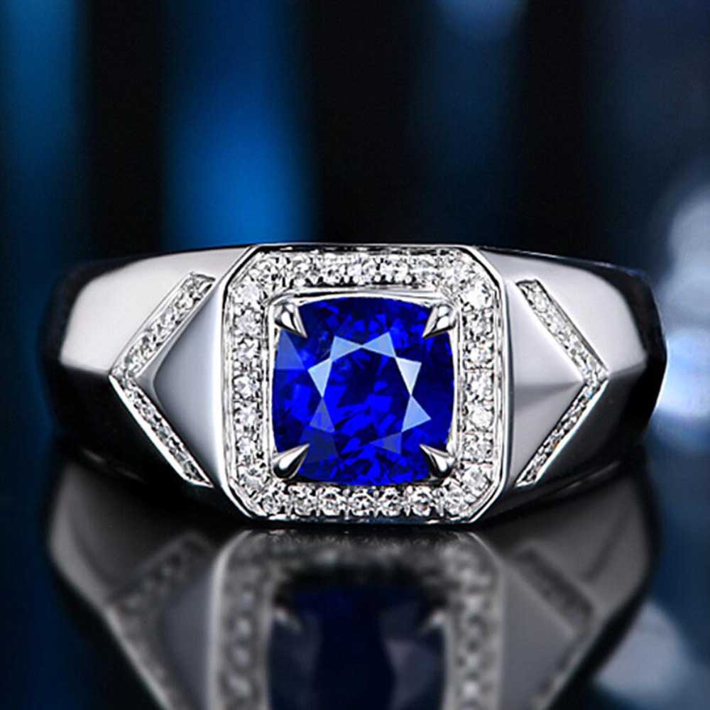 Cincin Pria Perak Kotak Safir Baja Titanium Kristal Zirkon Ring Aksesoris Fashion