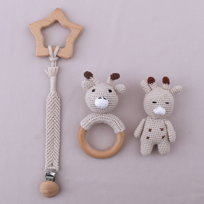 Mary 4pcs / Set Mainan Rattle Teether Bentuk Jerapah Kartun Bahan Kayu Untuk Bayi