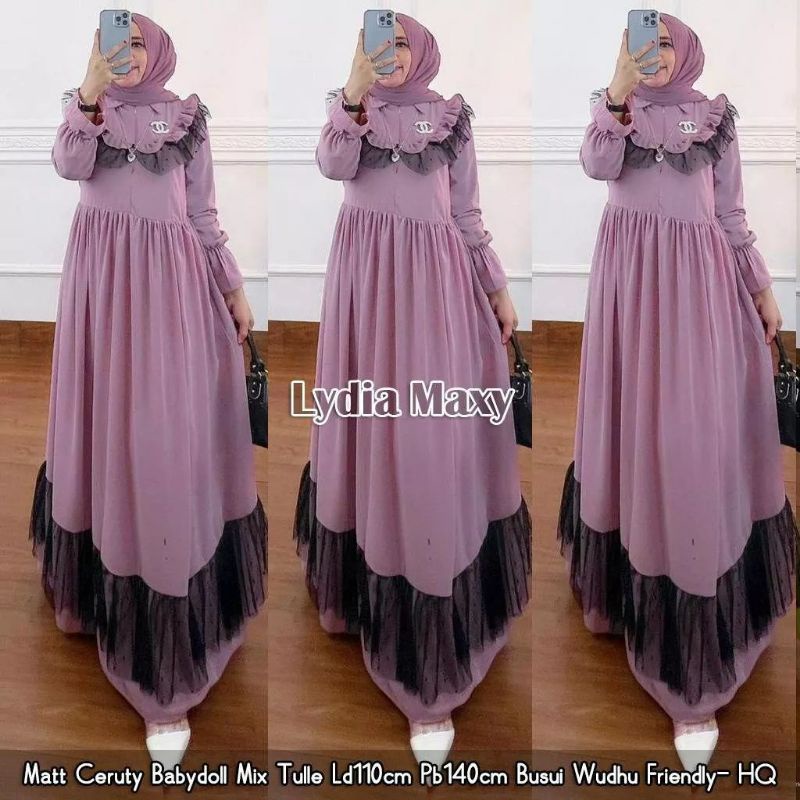 Realpict Lydia maxy dress ceruty babydoll mix tile dot // gamis ceruti kombinasi tiledot