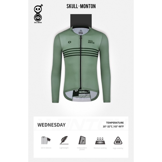 Skull Monton Mens Long Sleeve Cycling Jersey Green Wednesday L XL Sepeda Lengan Panjang Preloved Bek