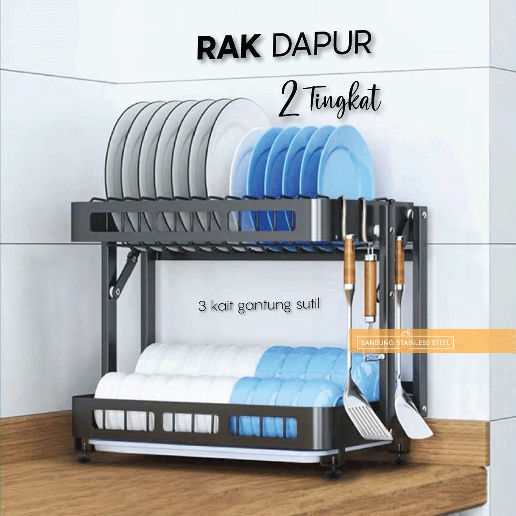 Rak Piring Dapur 2 Tingkat Lipat Gantung Tempel Dinding Kait Sutil Stainless Minimalis Serbaguna