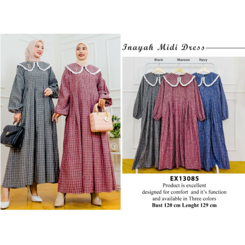 INAYAH MIDI DRESS BHN KOTAK YANDED IMPORT  LD 116 PB 125 TIDAK BUSUI by EXTU