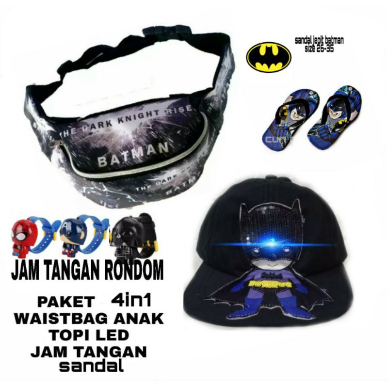 TAS WAISTBAGBATMAN+SANDAL+JAM TANGAN LUCU+TOPI LED