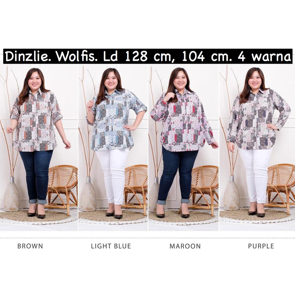 Dinzlie Kemeja Wanita Motif Kotak Bunga Mercie Kecil Bahan Wolfis Premium XL LD104cm dan XXXL LD128