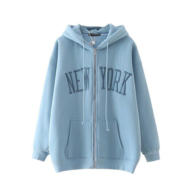 New york zipper outerwear jaket hoddie casual fashion remaja