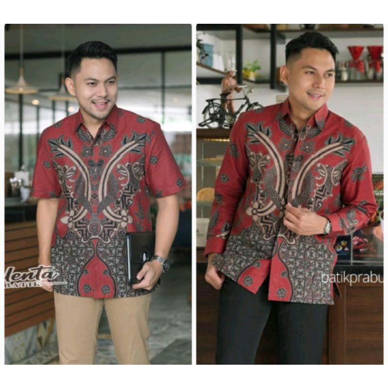 Batik kemeja pria ekslusif lapis furing bahan katun halus baturaden size reguler merah soft