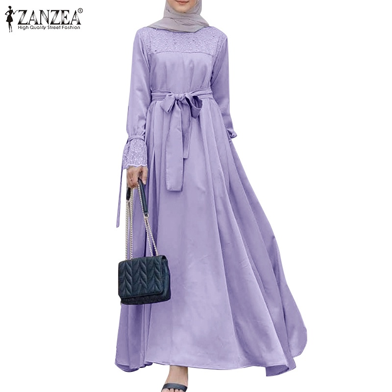 ZANZEA Women Fashion Flare Long Sleeve Solid Color Lace Patchwork Muslim Dress