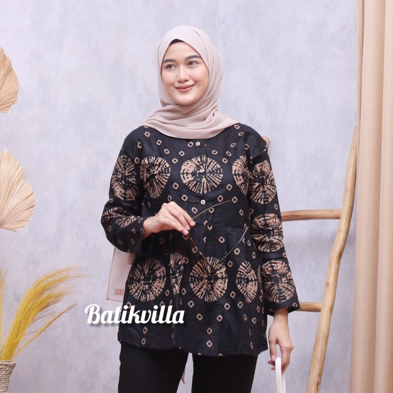 tey-17 Batik wanita ASJ SA HRB026 Kenongo Kemeja Tosca Pendek-Jumputan ireng