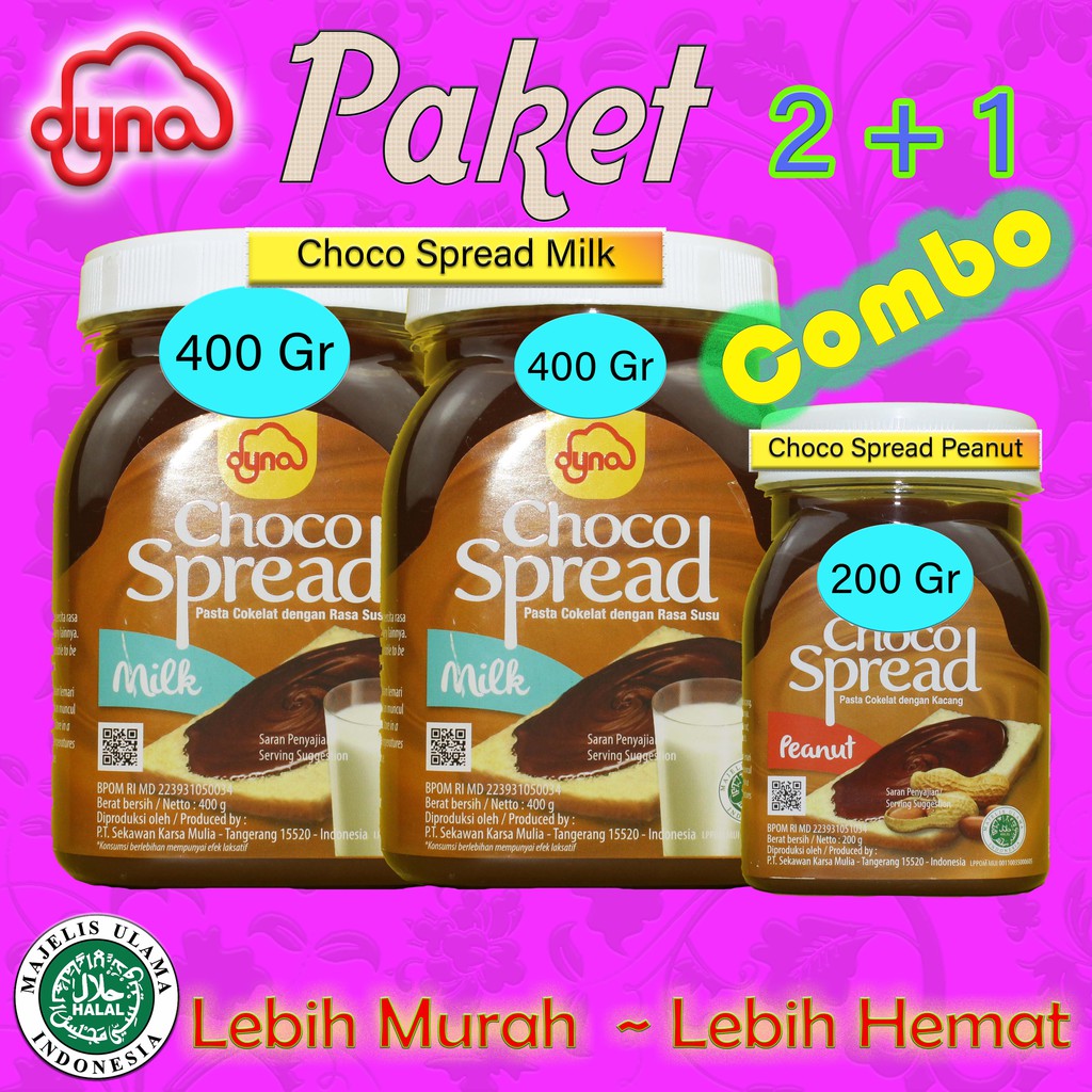 

Selai Roti/Selai Coklat Kacang/Selai Coklat Susu Dyna Choco Spread Paket 2+1 Combo ( Varian ke 2 )