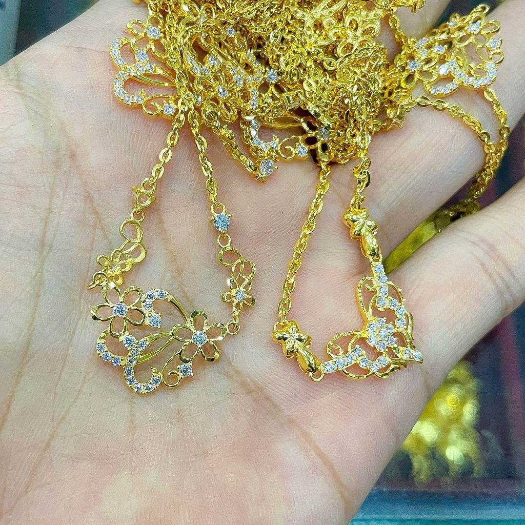 Banyak motif yaa. Kalung set anak dan dewasa emas asli kadar 700 70 16k permata diamond look lebar rantai polo holo pink love bunga kupu2 4 gram mas kuning liontin kerawang rumbai panjang tanpa permata