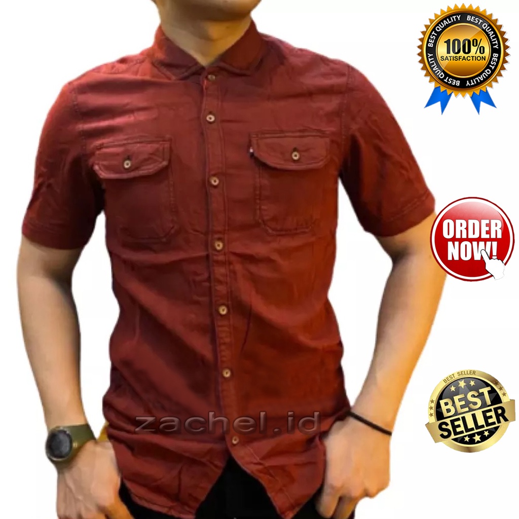 Kemeja Jeans Denim Kasual Lengan Pendek Pria Model Polos Dan Snow Wash