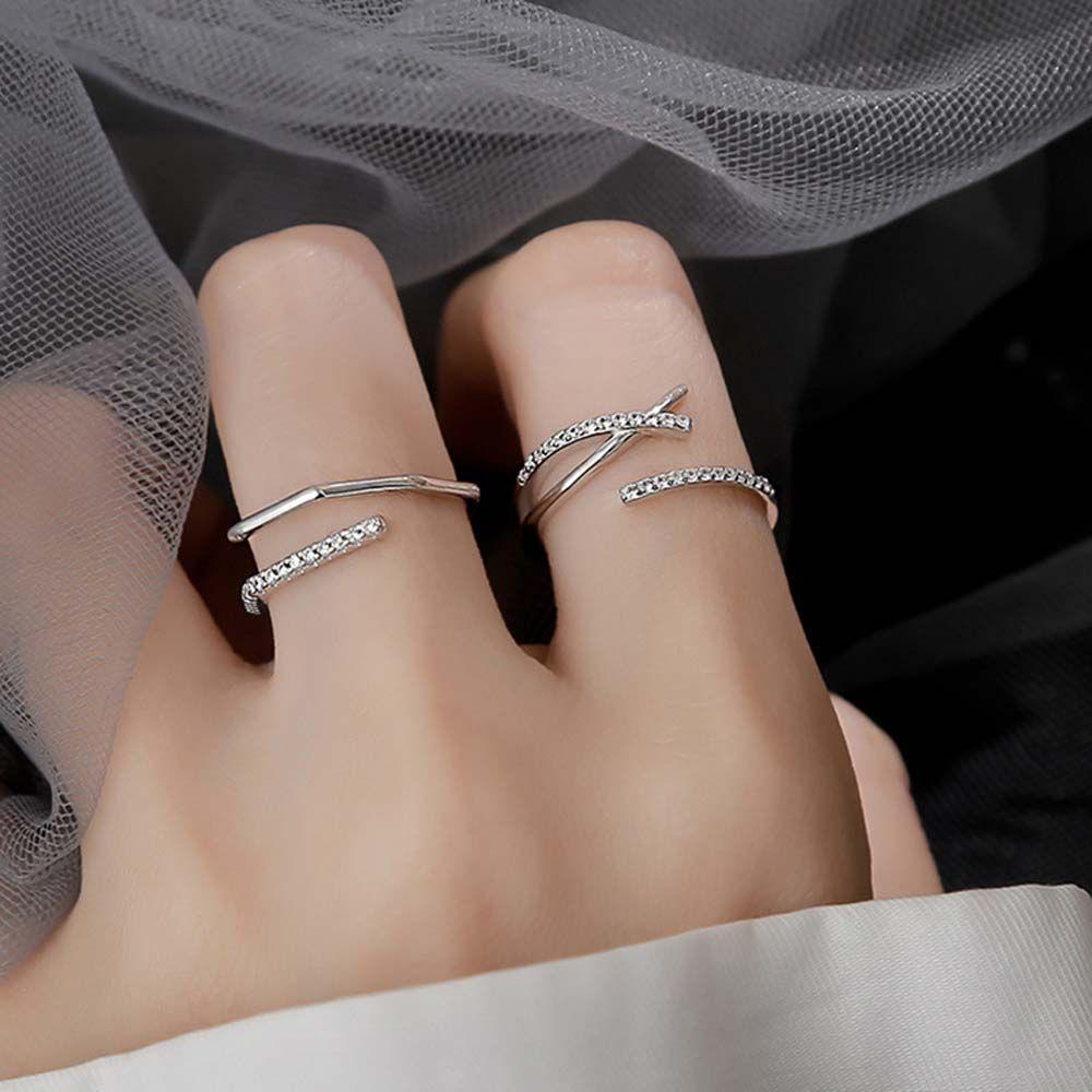 Mxbeauty Cincin Zircon Fashion Adjustable Garis Paralel Silang Warna Perak Berlian Gaya Korea