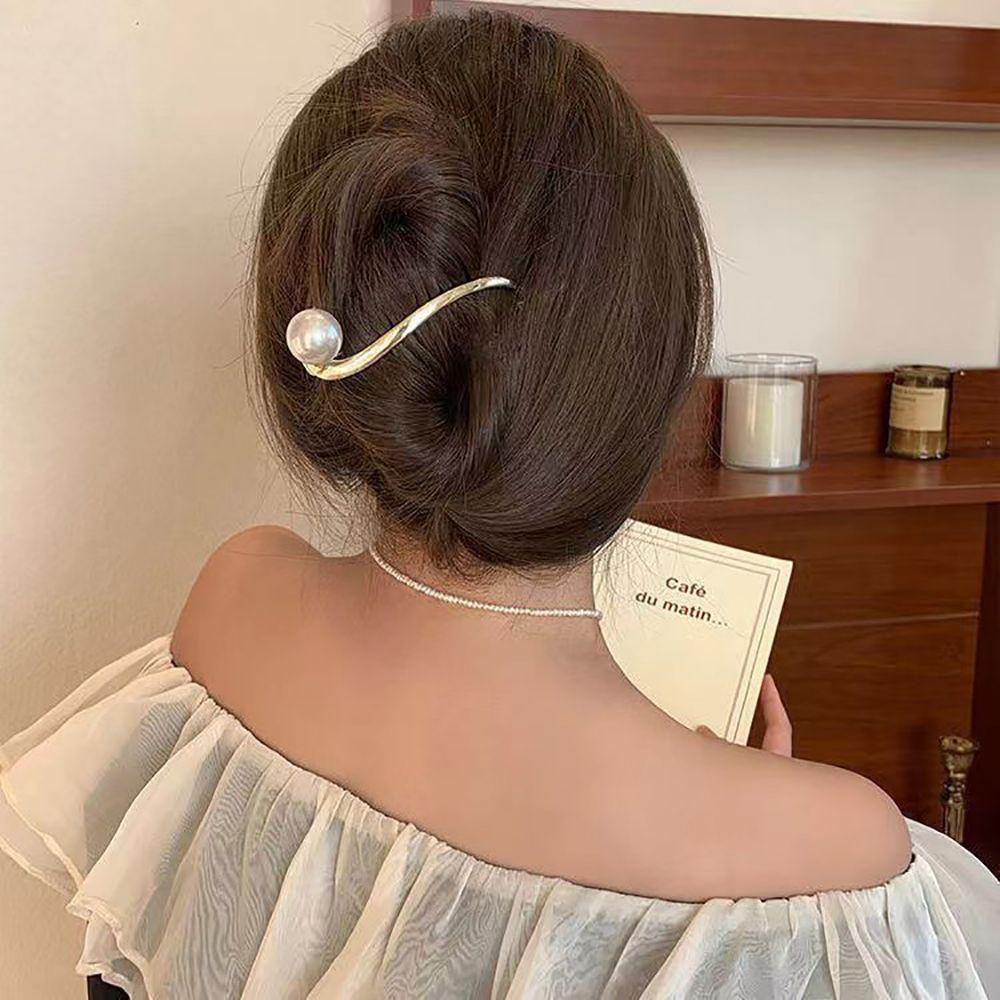 Needway   Klip Rambut Melengkung Sederhana Vintage Mutiara Kembali Kepala Perempuan Hiasan Kepala Ponytail Holder