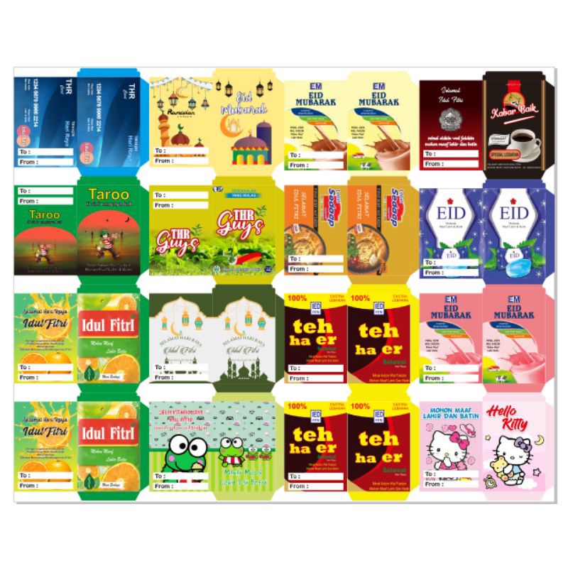

amplop lebaran motif karakter dan snack jajan plesetan siap pakai sudah dilem ya isi 10 biji pakai kertas ap 100gr