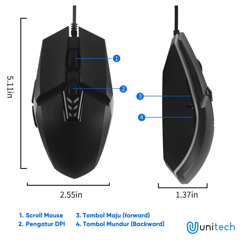 Mouse Gaming Kabel USB Unitech 1200DPI Dengan 7 Lampu LED V8