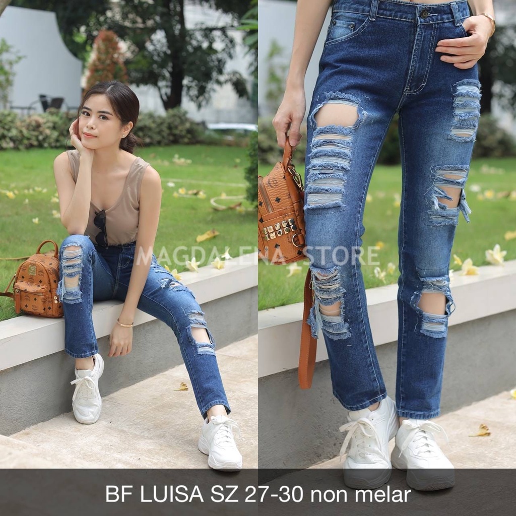 CELANA RIPPED JEANS WANITA - BF JEANS PANJANG SOBEK SOBEK