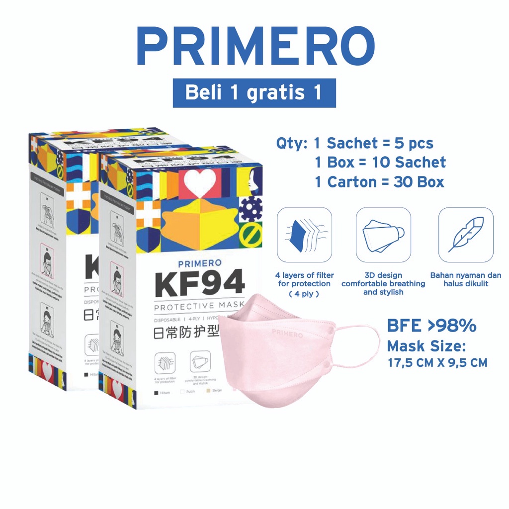 Masker Kf94 - Masker, Kf94, Primero Buy 1 Get 1 - Masker Kf94 4Ply Soft Pink - 1 Box Isi 50Pcs