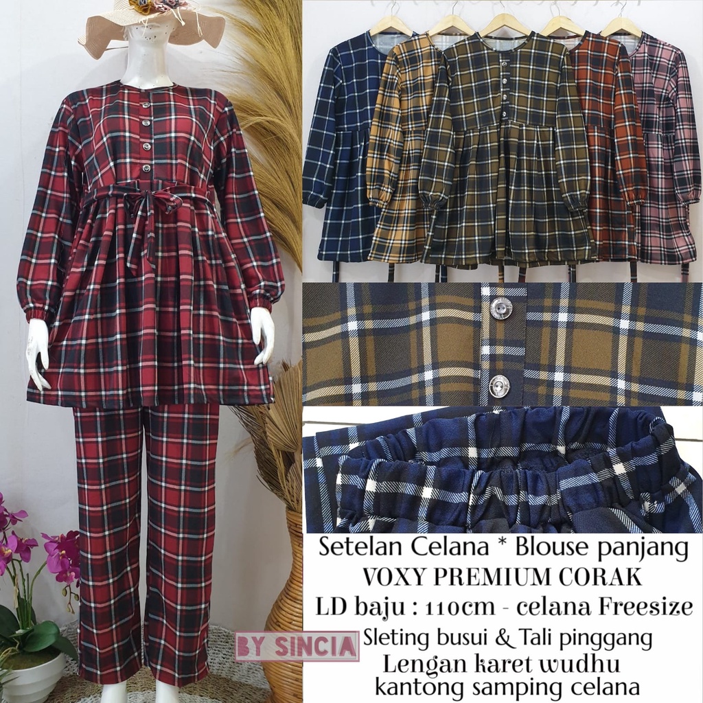 Setelan tunik rempel motif kotak kotak + celana bersaku tali pinggang bahan voxy premium merk sincia