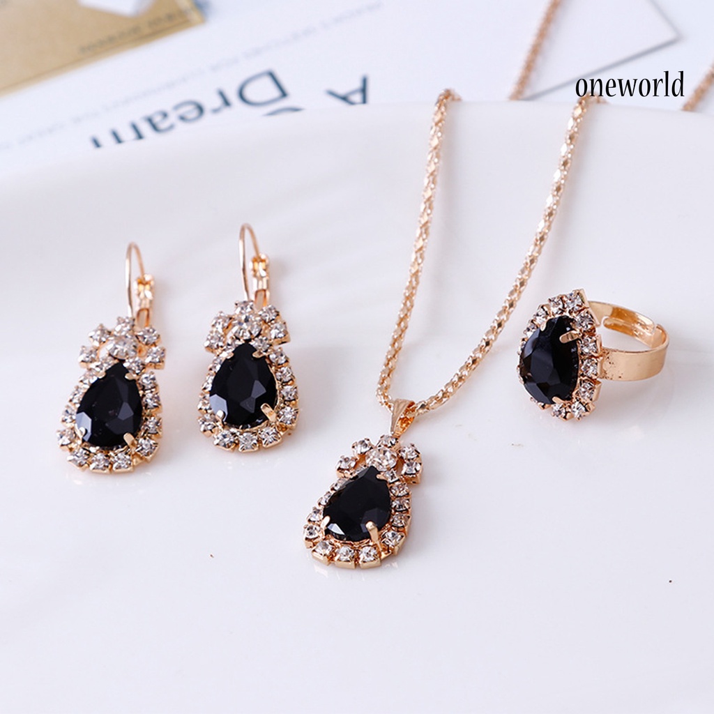 OW@ 3Pcs/Set Women Water Drop Bright Alloy Rhinestone Pendant Necklace Earrings Ring Jewelry Set for Valentine Day