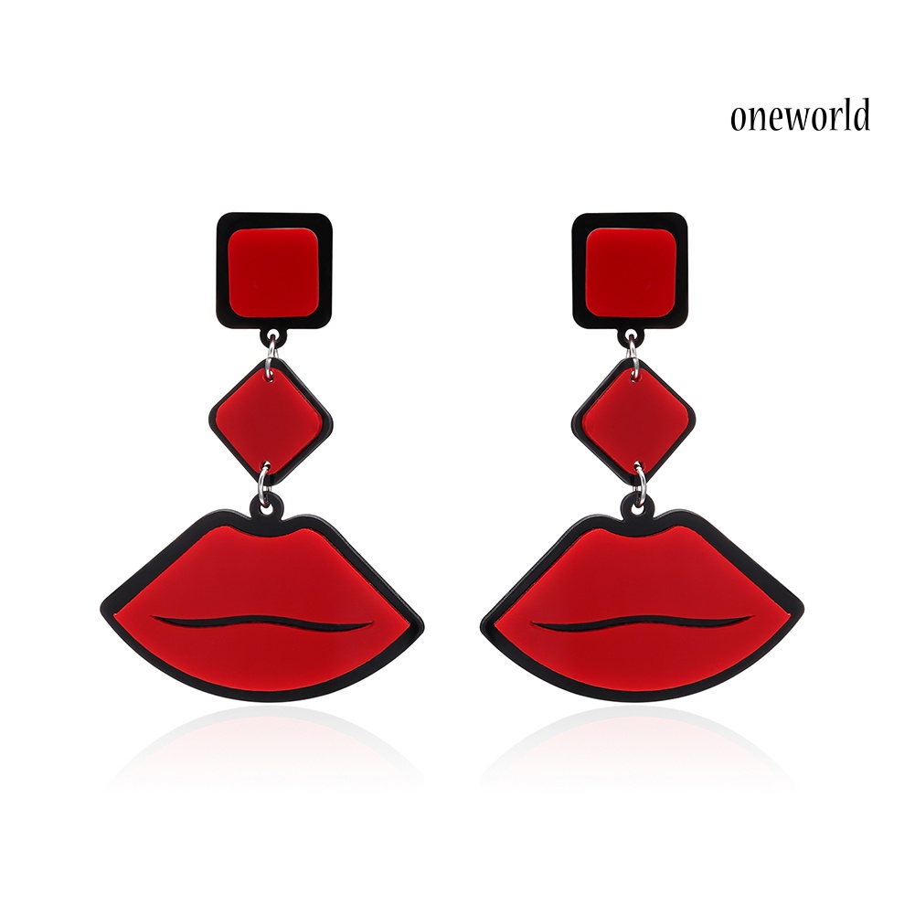 OW@ Women Vintage Red Lips Shape Pendant Dangle Stud Earrings Celebrity Jewelry