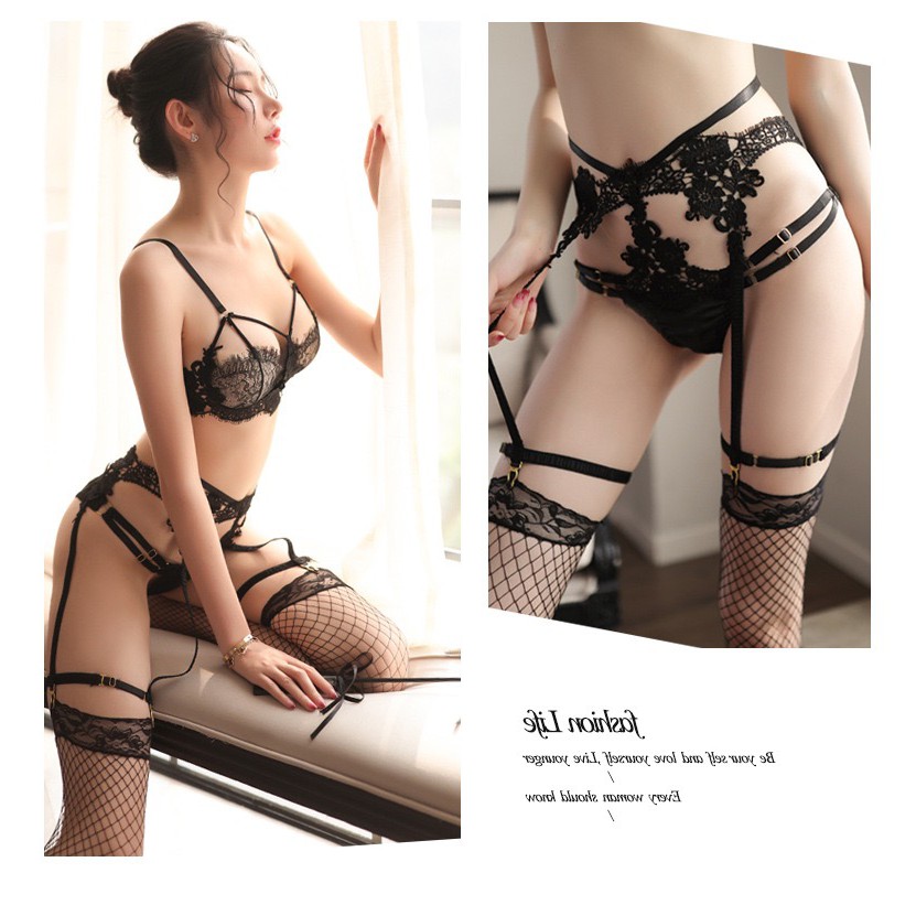 (COD) Bra Sexy Set Lingerie G String Wanita Lace Sleepwear dan Stoking Garter Belt Lingerie B017