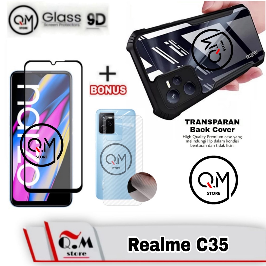 PAKET 3 IN1 Case Transparan Realme Narzo 50A Prime / REALME C35 Realme C31 New Softcase Clear Slim Armor Bonus Tempered Glass Layar + Skin Carbon Garskin