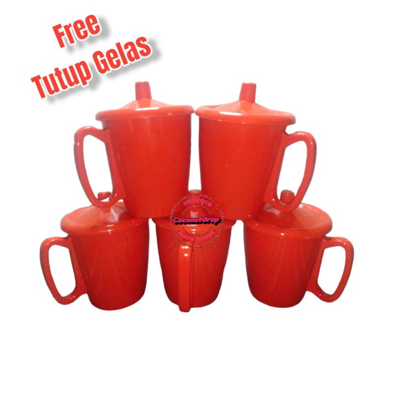 4 Pcs Gelas Kopi Melamin FREE Tutup Gelas | 4 Gelas Kopi Merah Bata | Gelas Kopi Terbaru
