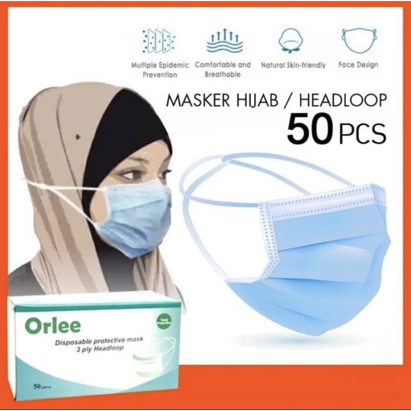 MASKER HEADLOOP HIJAB 3 PLY ORLEE ISI 50 PCS