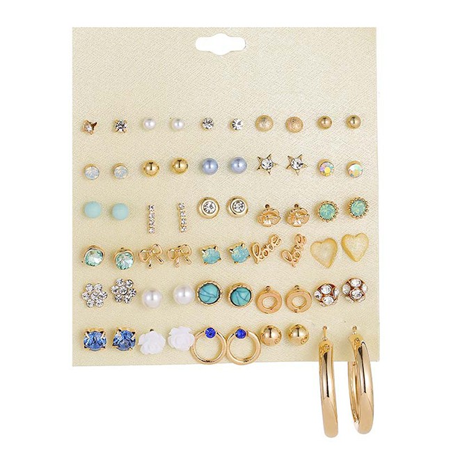 LRC Anting Set Fashion Color Pearl Ball Geometric Earrings Set Of 30