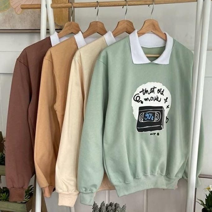 COD - Old Movie Sweater Combi Kerah Premium Fleece Tebal Outerwear Remaja Wanita Korean Style-6