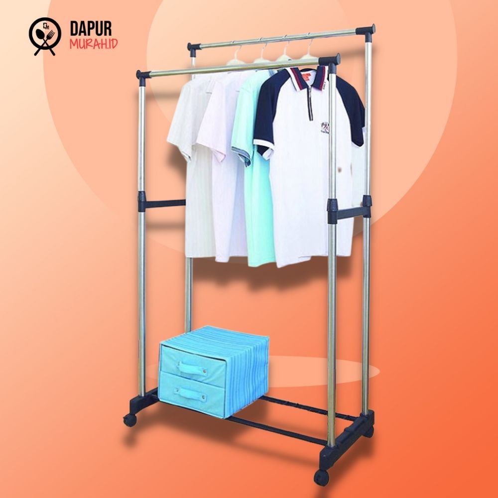 Rak Gantungan Baju Double Rod Rack Stainless + Roda