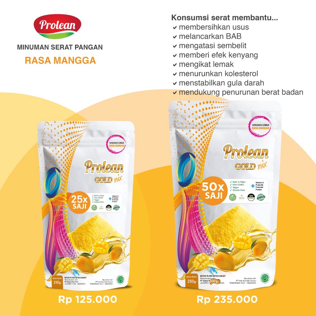 PROLEAN Minuman Serbuk Tinggi Serat | Psyllium Husk, Chiaseeds, Protein, Probiotik, Prebiotik, Vitamin C | Rasa Mangga