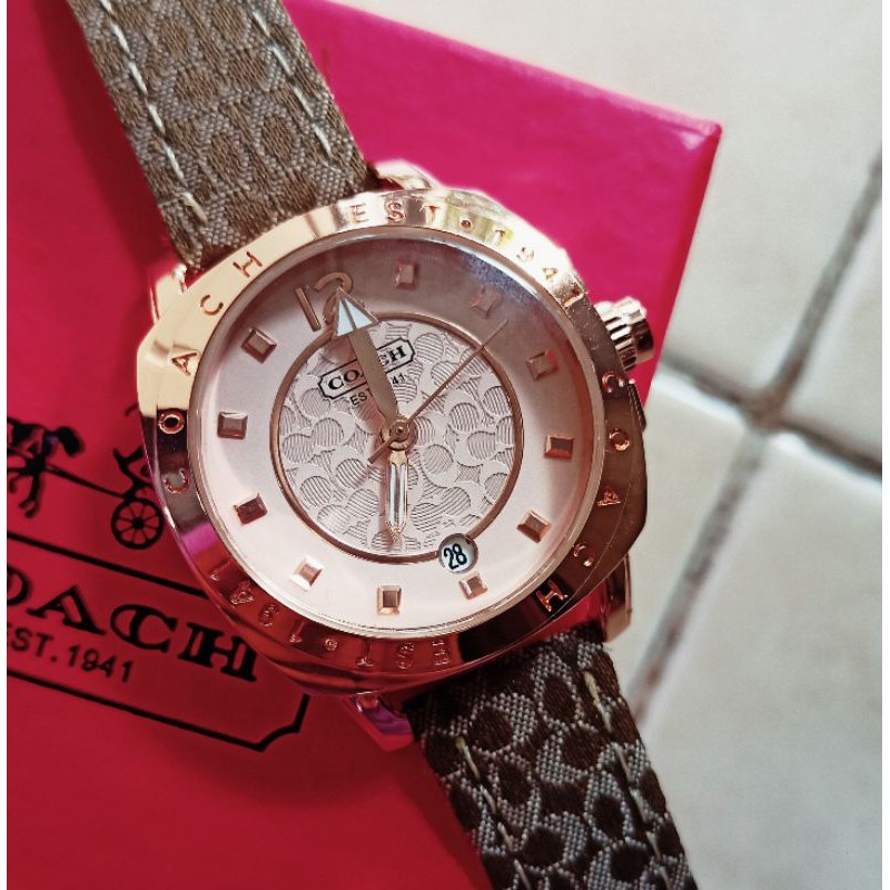 Jam Tangan Wanita Coach 3.6cm Kulit Free Gelang Perak Cantik