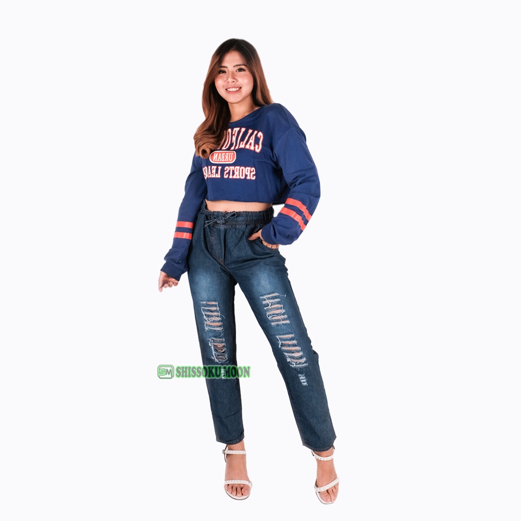 Celana Panjang Wanita Model Baggy Ripped Bahan Denim