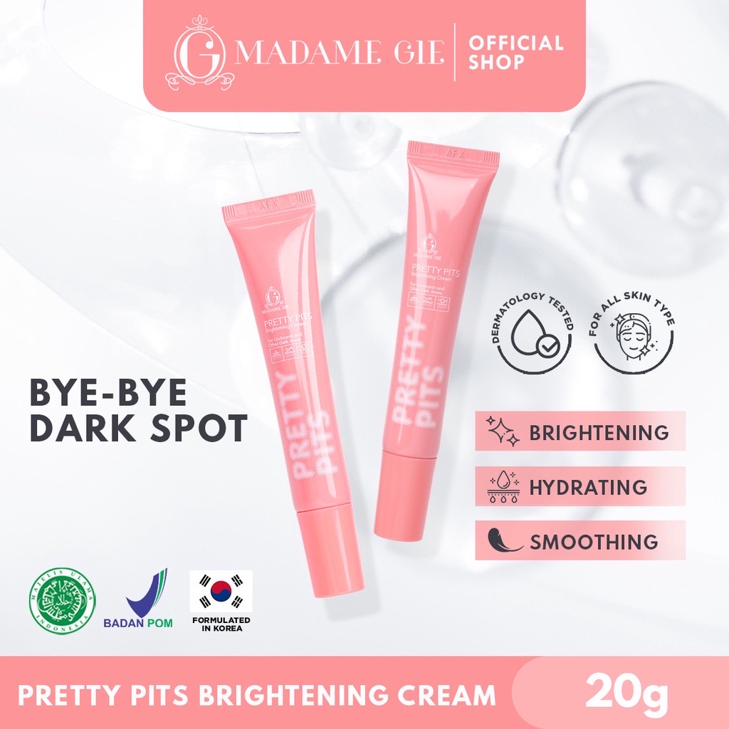 MADAME GIE Pretty Pits Brightening Cream Indonesia / Krim Pencerah Kulit 20g / Hydrating Pelembab / Barrier Moisturizer Radiance Aquanite Skin Acno Afterhours / Skincare Body Care Lotion / Facial Wash Toner Essence Serum Eye Sunscreen / Paket Wajah Face